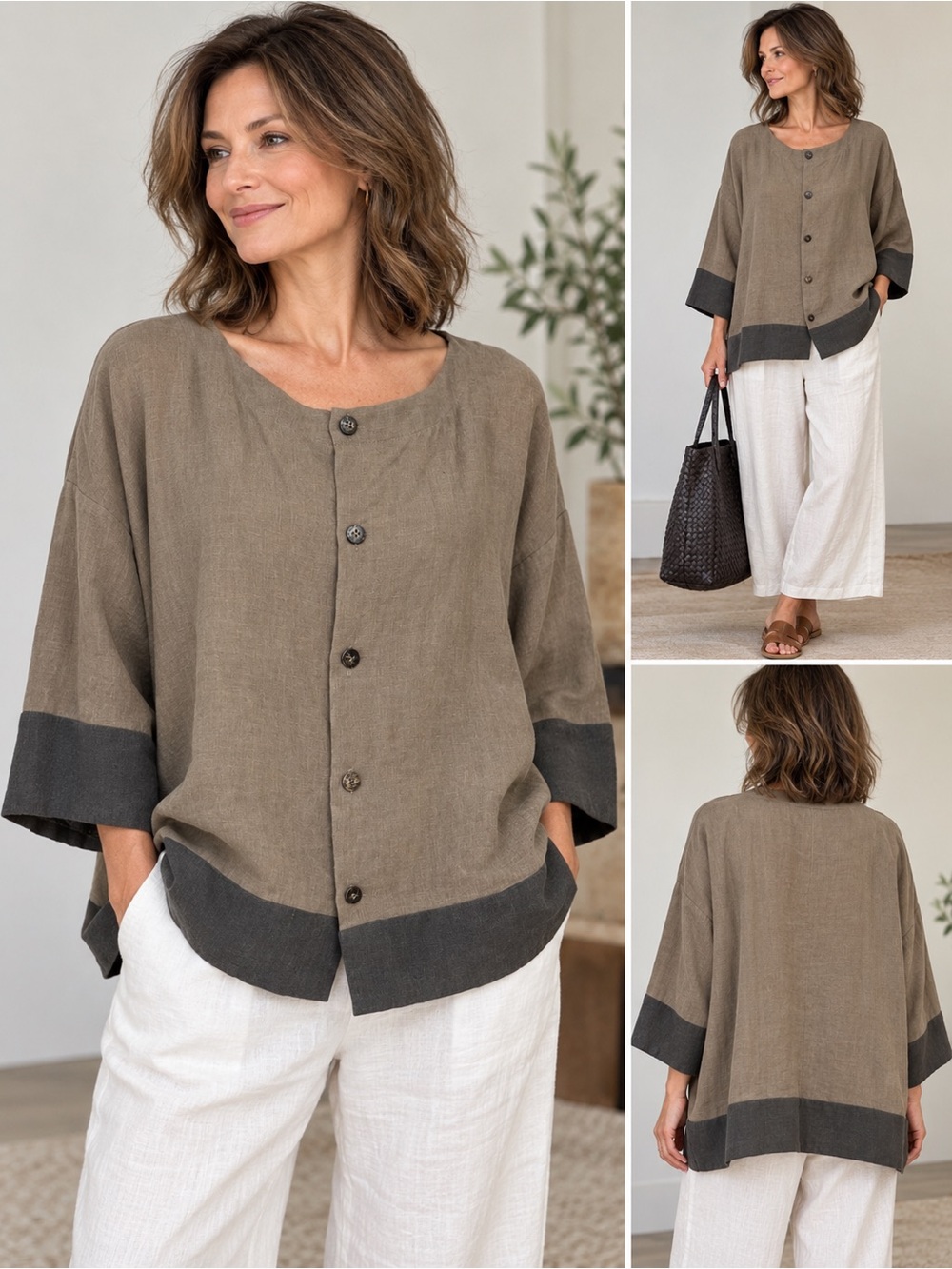 Eskandar 100% Linen Colorblock Boxy Button Front Top Jacket SZ 1/M Lagenlook EUC